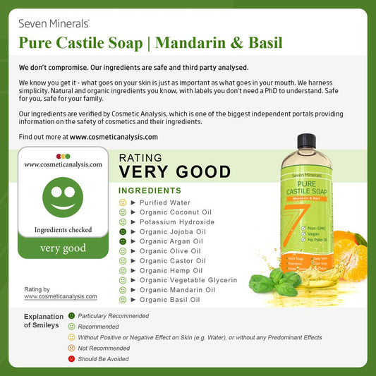Pure Castile Soap, Mandarin Basil - No Palm Oil, GMO-Free - Gentle Liquid Soap For Sensitive Skin & Baby Wash - All Natural Vegan Formula with Organic Carrier Oils (33.8 fl oz)