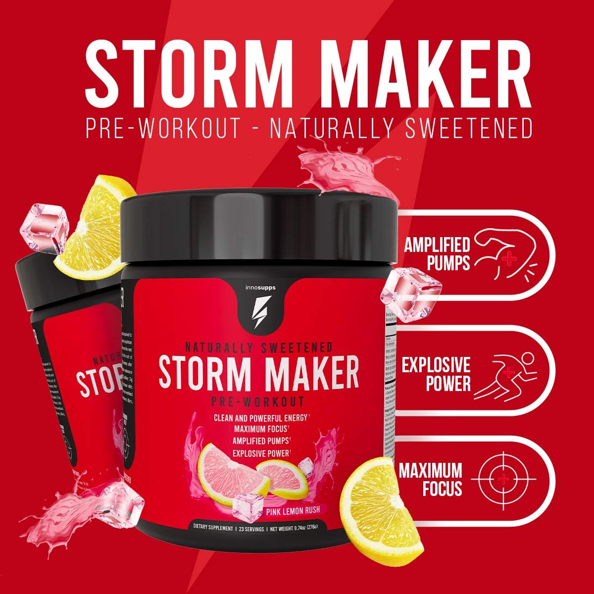 InnoSupps Storm Maker Pre Workout | Long Lasting Energy | Organic Caffeine |Green Tea Extract | L-Citruline | No Artificial Sweeteners (Pink Lemon Rush) : Health & Household