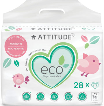 ATTITUDE Disposable Diapers for Sensitive Skin, Non-Toxic, Hypoallergenic, Chlorine-Free, Dye-Free & Lotion-Free Biodegradable Baby Diapers, Plain White (Unprinted), Size 0 (Up to 11 lbs), 28 Count