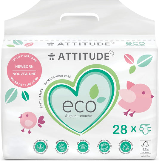 ATTITUDE Non-Toxic Diapers, Eco-Friendly, Safe for Sensitive Skin, Chlorine-Free, Leak-Free & Biodegradable Baby Diapers, Plain White, Newborn (Up to 11 lbs), 112 Count (4 Packs of 28)