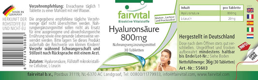 Fairvital | Hyaluronic acid 800 mg - 30 tablets - Extra high dosage - Monthly pack - 100% vegan - Quality tested - Made in Germany