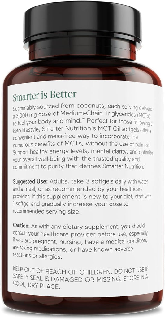 Smarter Nutrition Mct Oil Capsules C8 And C10 - Ketogenic Fuel For Brain & Body, Sustained Energy - From Cold-Pressed Coconut, Palm & Gluten-Free, Non-Gmo 180 Count - 60-Day Supply
