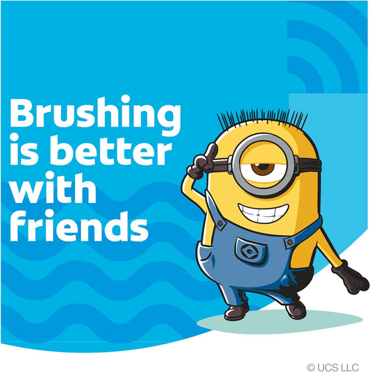 Colgate Kids Battery Powered Toothbrush, Kids Battery Toothbrush with Included AA Battery, Extra Soft Bristles, Flat-Laying Handle to Prevent Rolling, Minion Toothbrush, 1 Pack