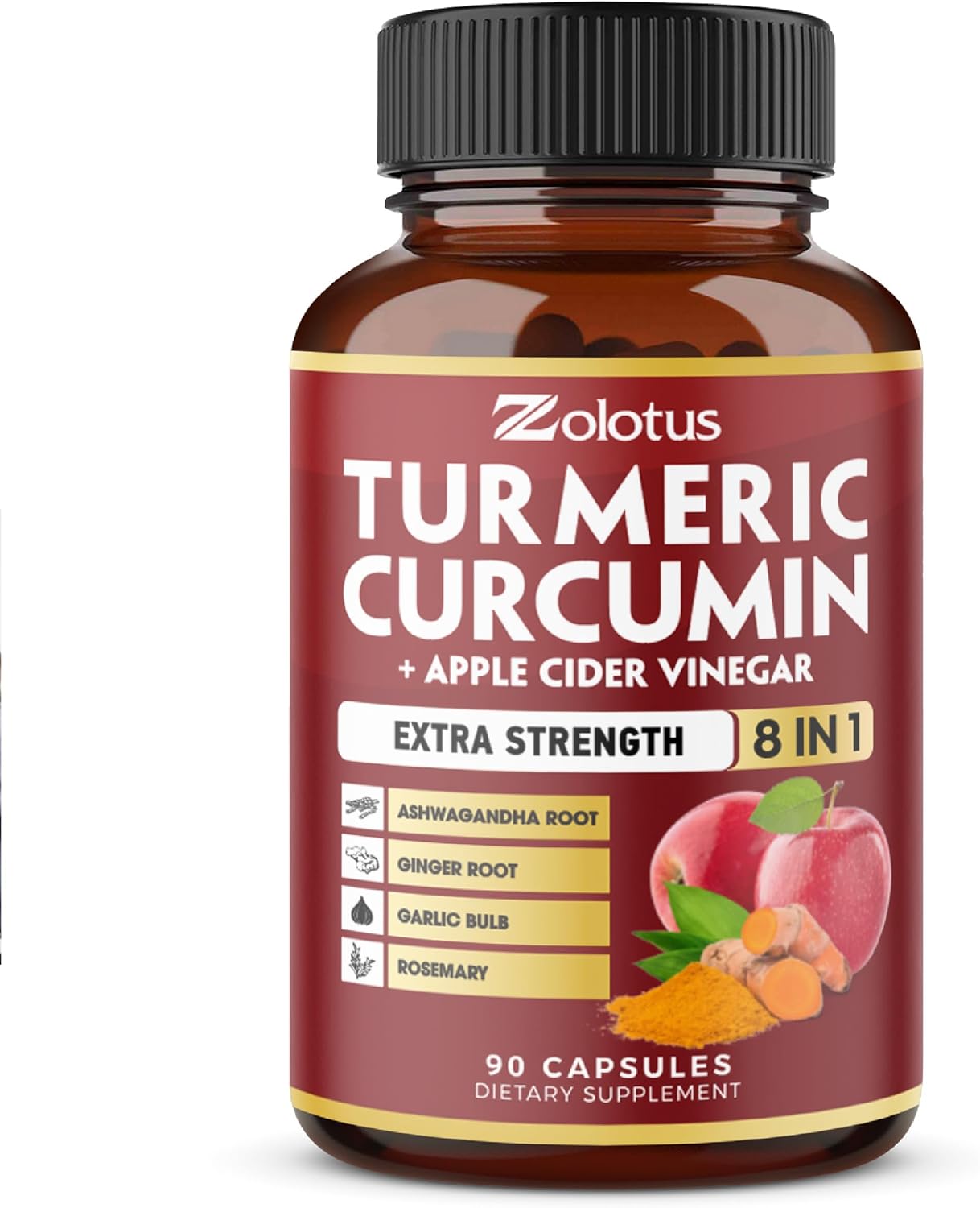 7 In 1 Turmeric Curcumin + Apple Cider Vinegar Capsules, Equivalent To 4080Mg, 3 Month Supply With Ashwagandha, Ginger, Garlic Bulb, 95% Standardized Curcuminoids, Joint & Absorption Support