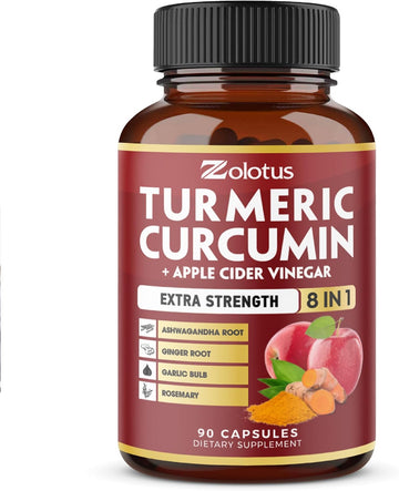 7 In 1 Turmeric Curcumin + Apple Cider Vinegar Capsules, Equivalent To 4080Mg, 3 Month Supply With Ashwagandha, Ginger, Garlic Bulb, 95% Standardized Curcuminoids, Joint & Absorption Support