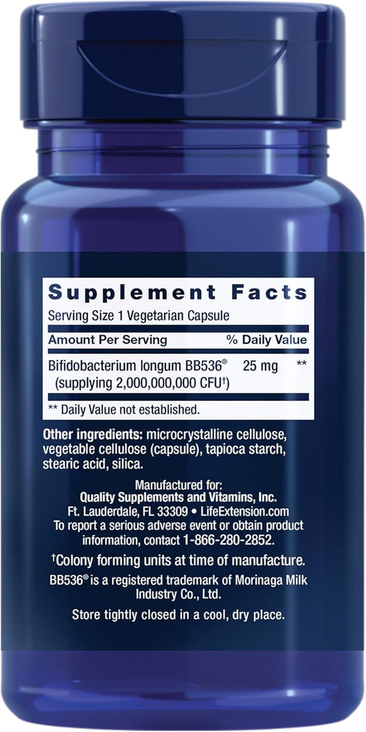 Life Extension Bifido Gi Balance - Probiotics Bifidobacterium Longum Bb536 (2 Billion Cfu) Supplement – Support Healthy Gut & Digestive Health – Gluten-Free, Vegetarian – 60 Capsules