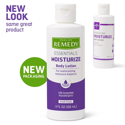 Medline Remedy Essentials Moisturizing Body Lotion (4 oz Bottle), 48 Count, Fresh Scent, Hydrating, Non-Greasy, For Dry Skin, Hypoallergenic, Men, Women, Elderly