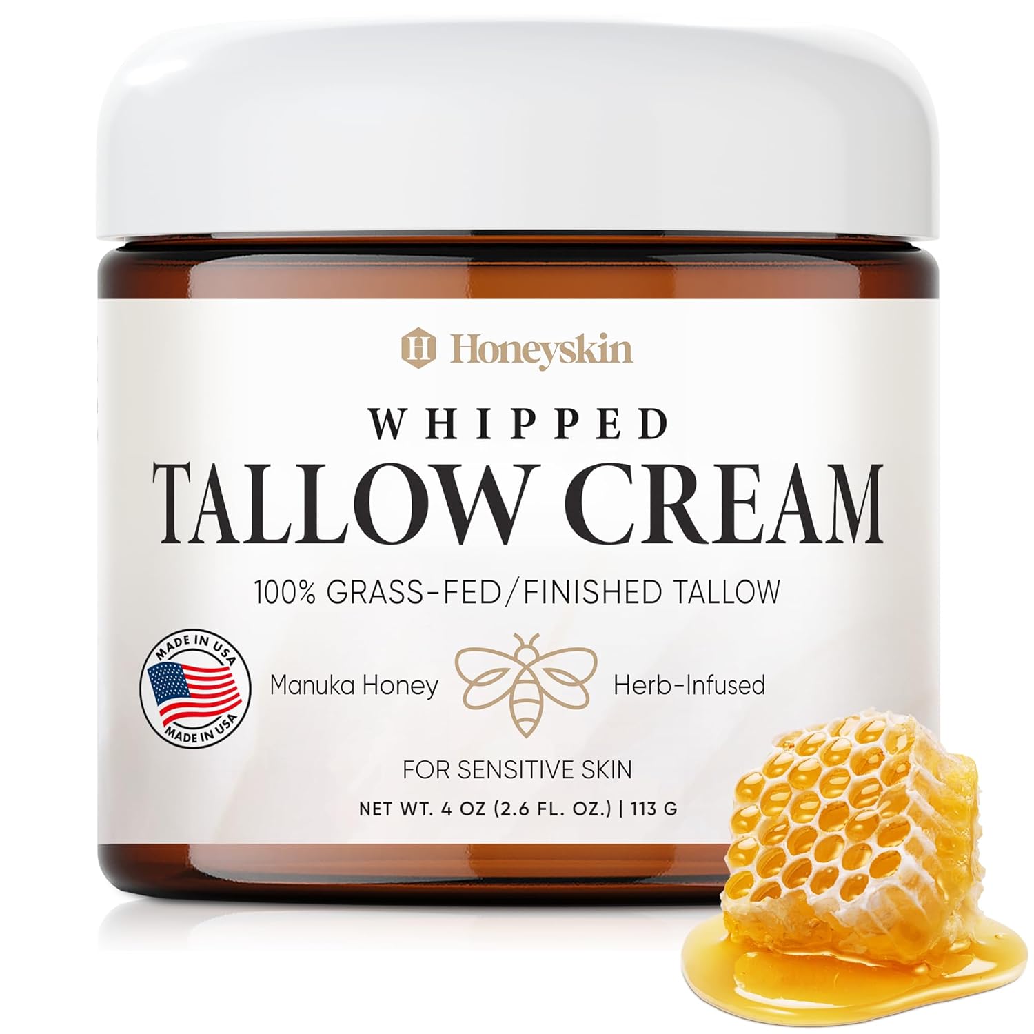 Honeyskin Whipped Tallow And Honey Cream – 100% Grass-Fed All Natural Mountain Beef Tallow For Skin Face Moisturizer – Nourishing, Hydrating Cream For Dry, Sensitive Skin – Gentle Soothing Care, 4Oz