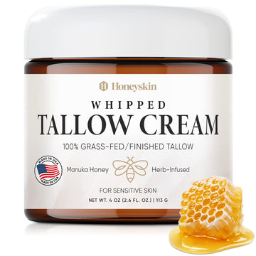 Honeyskin Whipped Tallow And Honey Cream – 100% Grass-Fed All Natural Mountain Beef Tallow For Skin Face Moisturizer – Nourishing, Hydrating Cream For Dry, Sensitive Skin – Gentle Soothing Care, 4Oz