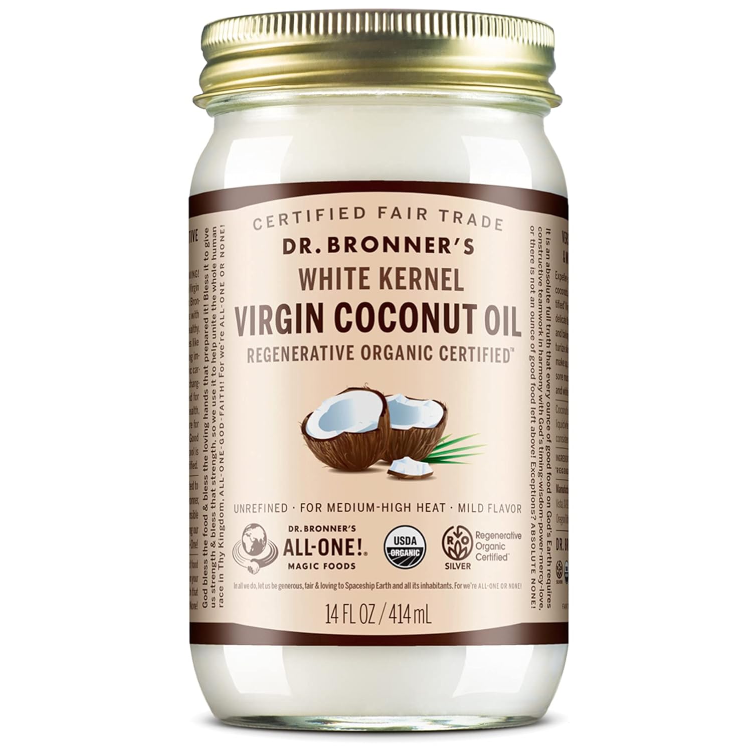 Dr. Bronner's - Organic Virgin Coconut Oil (White Kernel, 14 ounce) - Coconut Oil for Cooking, Baking, Hair & Body, Unrefined & Fresh-Pressed, Mild Flavor, Versatile, Fair Trade, Vegan, Non-GMO