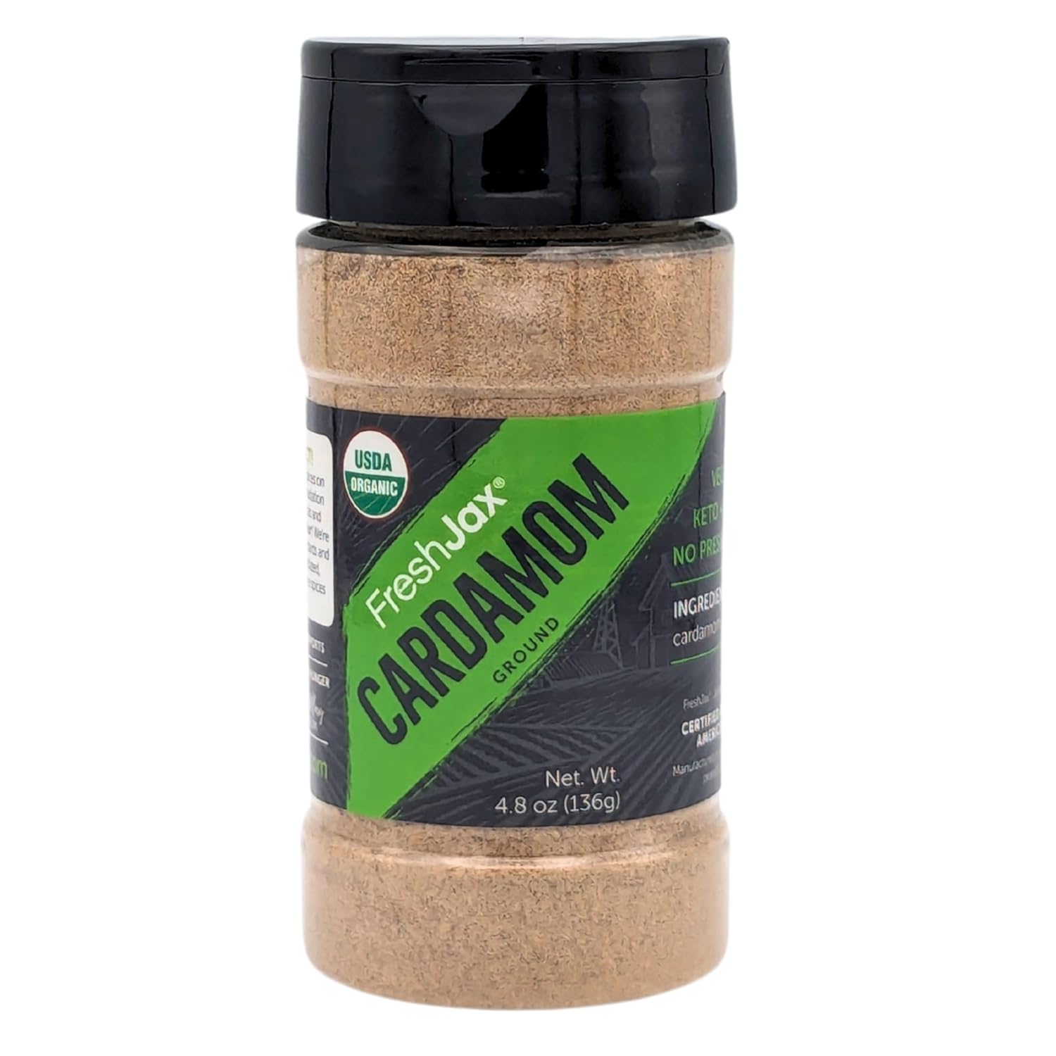 FreshJax Organic Ground Cardamom Spice (4.8 oz Bottle) Non GMO, Gluten Free, Keto, Paleo, No Preservatives Cardamom Powder | Handcrafted in Jacksonville, Florida
