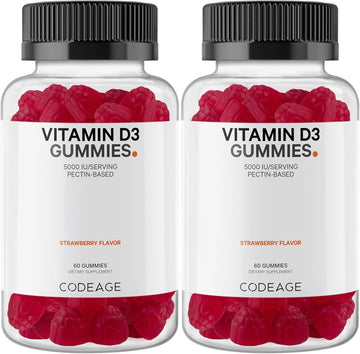 Codeage Vitamin D3 Gummy Vitamins, Vitamin D3 5000 Iu Gummies Cholecalciferol 125 Mcg, Soft Pectin-Based, Animal Gelatin-Free Gummy, Bones & Heart, Tasty Strawberry, Gluten-Free, Non-Gmo - 120 Count