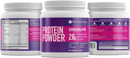 ProCare Health | Chocolate Whey Isolate Protein Powder l 26g Protein | Electrolytes | Digestive Enzyme Blend | Gluten Free | Single Serve Packet (Chocolate, 1lb Tub - 15 Servings)