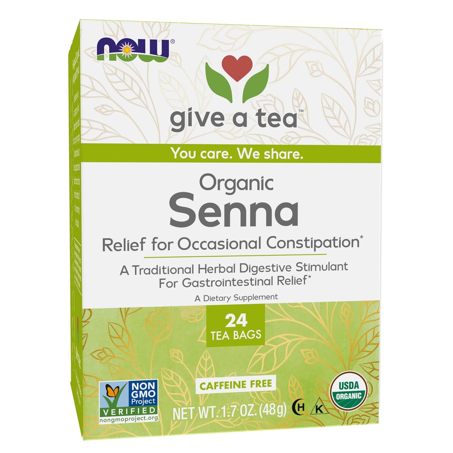 NOW Foods Give a Tea Organic Senna, Herbal Laxative, Caffeine-Free, 24 bags