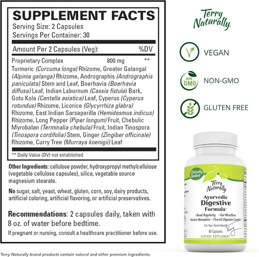 Terry Naturally Ayurvedic Digestive Formula - 60 Capsules - Promotes Bowel Regularity, Gut Microflora & Nutrient Absorption - Non-GMO, Vegan, Gluten Free - 30 Servings