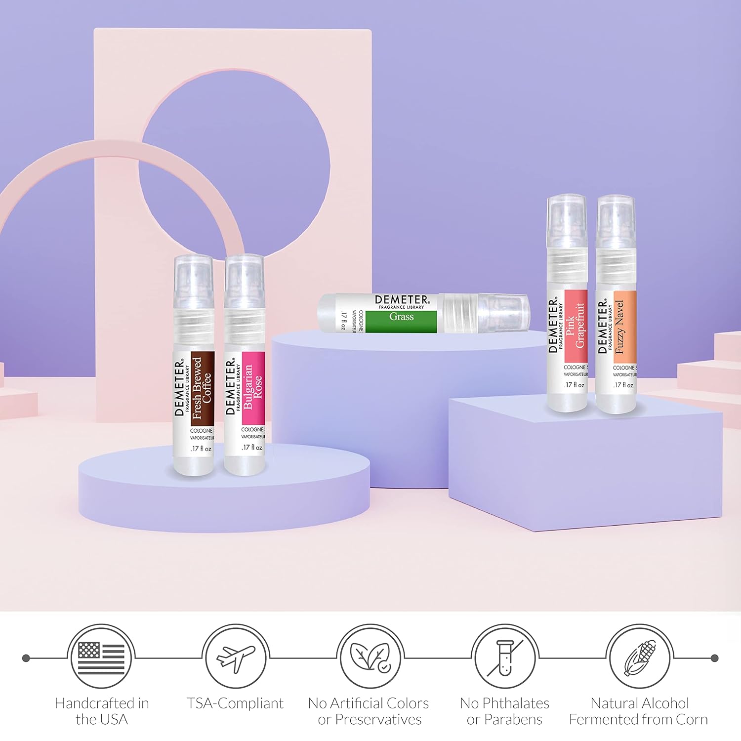 Demeter Happy Foolproof Blending Set, Pink Grapefruit, Fuzzy Navel, Grass, Vanilla Cake Batter, Fresh Brewed Coffee, Bulgarian Rose, Apple Blossom, Pixie Dust, Set Of 8 Perfumes : Beauty & Personal Care