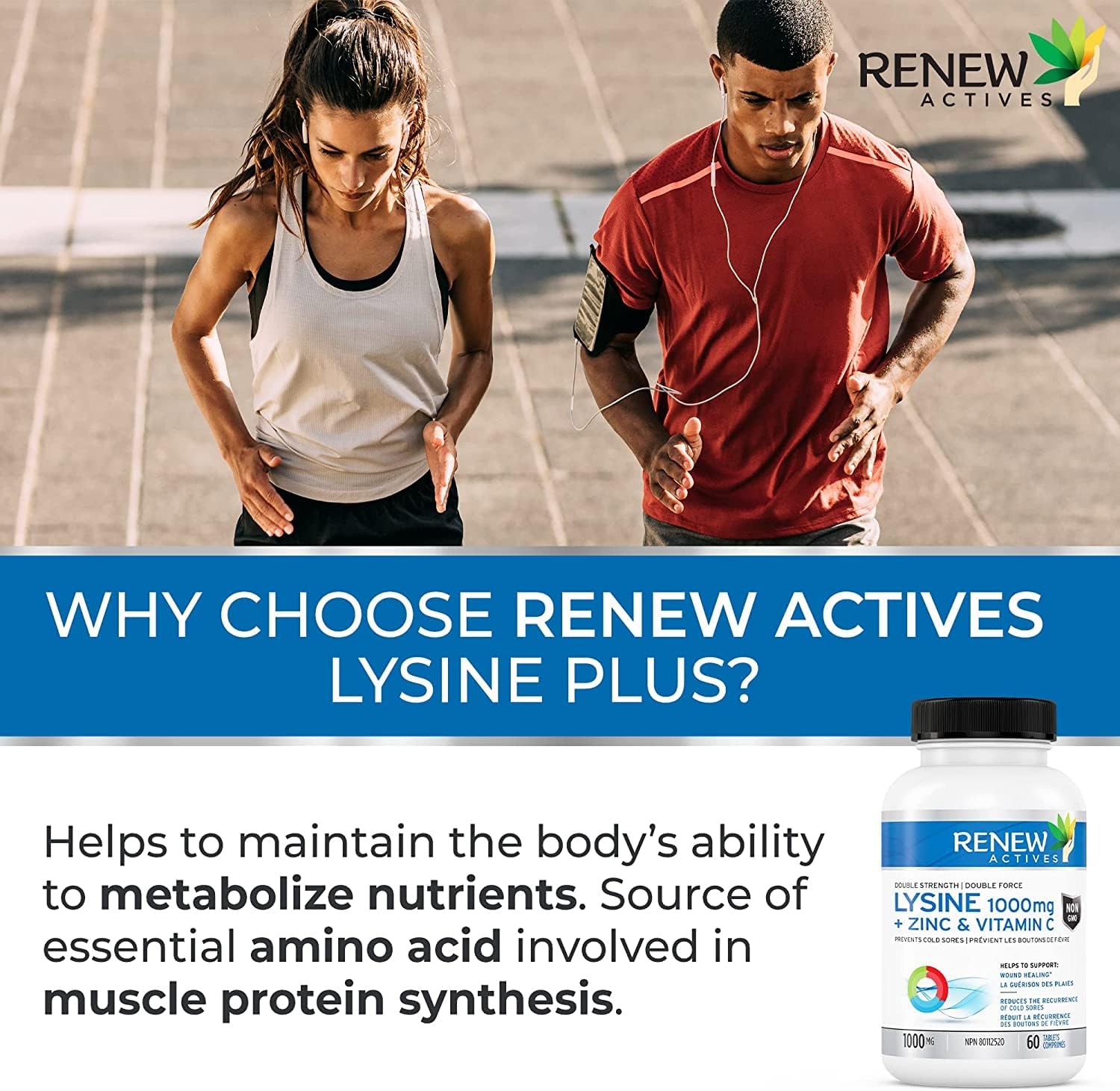 Renew Actives L-Lysine 1000 Mg Per Serving With Zinc & Vitamin C – Supports Immune Function, Collagen Formation, Antioxidant Support, & Healthy Skin, Hair, & Nails – Made In Canada – 60 Tablets : Health & Household