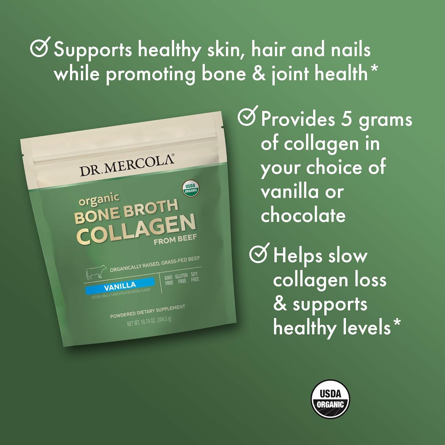 Dr. Mercola Organic Bone Broth Collagen Powder - Supports Bone Health & Muscle Growth - Usda Organic, Non-Gmo, Gluten-Free & Dairy-Free - 30 Servings - Vanilla Flavor : Health & Household