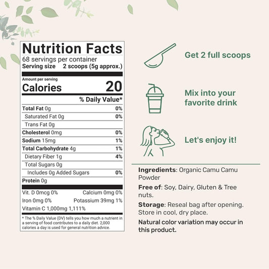 Organic Camu Camu Powder, 12 oz | High Natural Vitamin C Level | Fresh Freeze-Dried Berries Source | No GMOs, Vegan Friendly