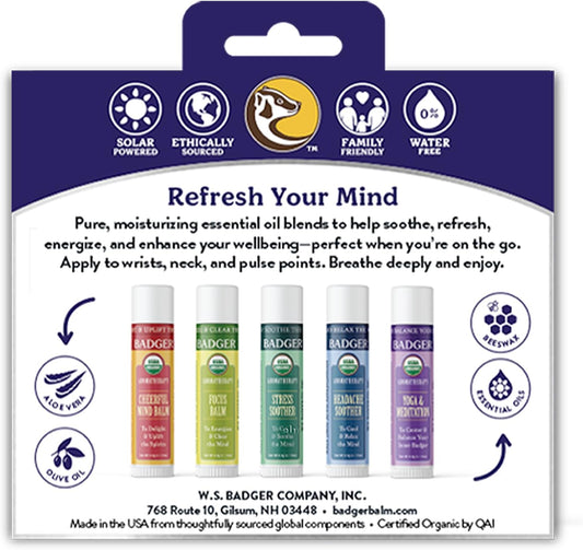 Badger - Aromatherapy Balm Stick Variety Pack, Certified Organic, Cheerful Mind, Stress Soother, Focus, Headache Soother, Yoga & Meditation, Aromatherapy Oils, Essential Oil Rollers, 0.15 Oz (5 Pack)