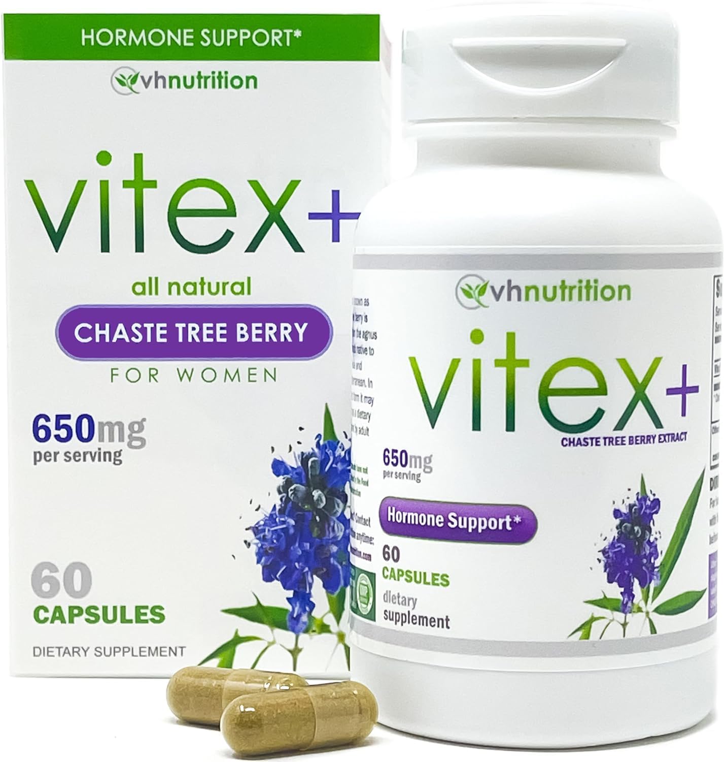 Vh Nutrition Vitex+ | Vitex Chasteberry Supplement For Women | Hormonal Balance* And Fertility Support* | 650Mg Per Serving Of Vitex Berry Extract Powder | 60 Capsules