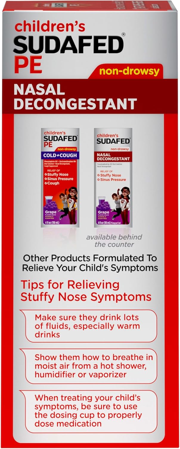 Sudafed Children'S Pe Nasal Decongestant, Liquid Cold Relief Medicine With Phenylephrine Hcl, Alcohol Free And Sugar-Free, Berry-Flavored, 4 Fl. Oz