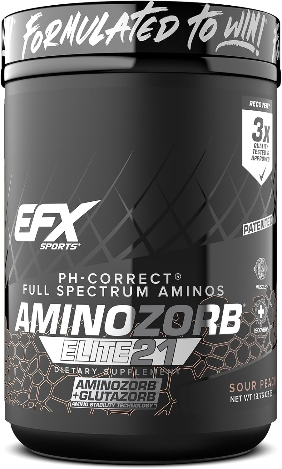 Efx Sports Aminozorb Elite 21 | Ph-Correct, Full Spectrum Aminos + Glutamine | Essential & Non Essential Aminos | Zero Sugars | 30 Servings (Sour Peach)