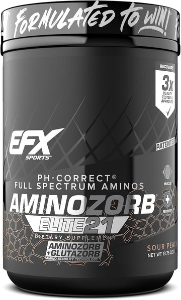 Efx Sports Aminozorb Elite 21 | Ph-Correct, Full Spectrum Aminos + Glutamine | Essential & Non Essential Aminos | Zero Sugars | 30 Servings (Sour Peach)