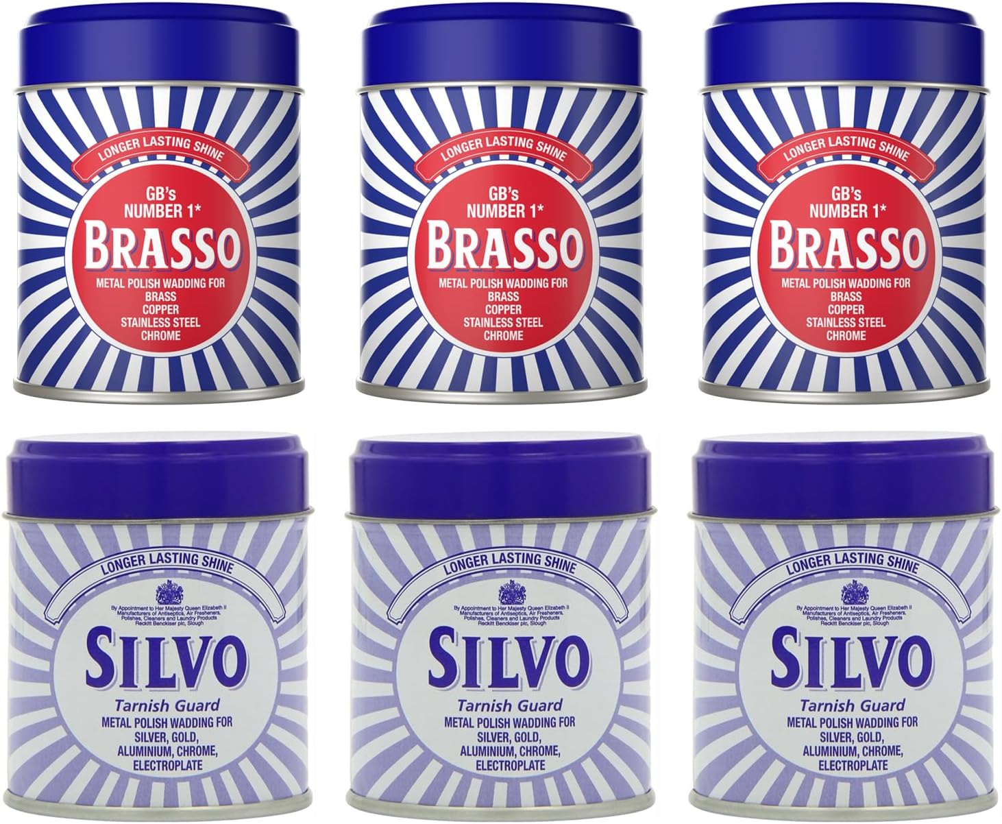 Brasso 3 X Brasso Wadding Duraglit + 3 X Silvo Wadding Duraglit Polish Tins | Multi-Metal Cleaning | For Brass, Copper, Silver, Gold, Chrome, Pewter | Removes Tarnish & Restores Shine