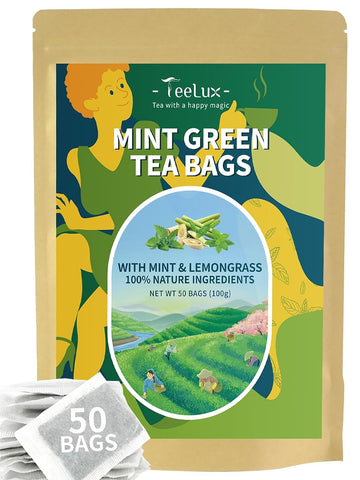 Teelux Mint Green Tea Bags, Green Tea With Peppermint, Spearmint, And Lemongrass, Caffeinated, 100% Real And Natural, 50 Count