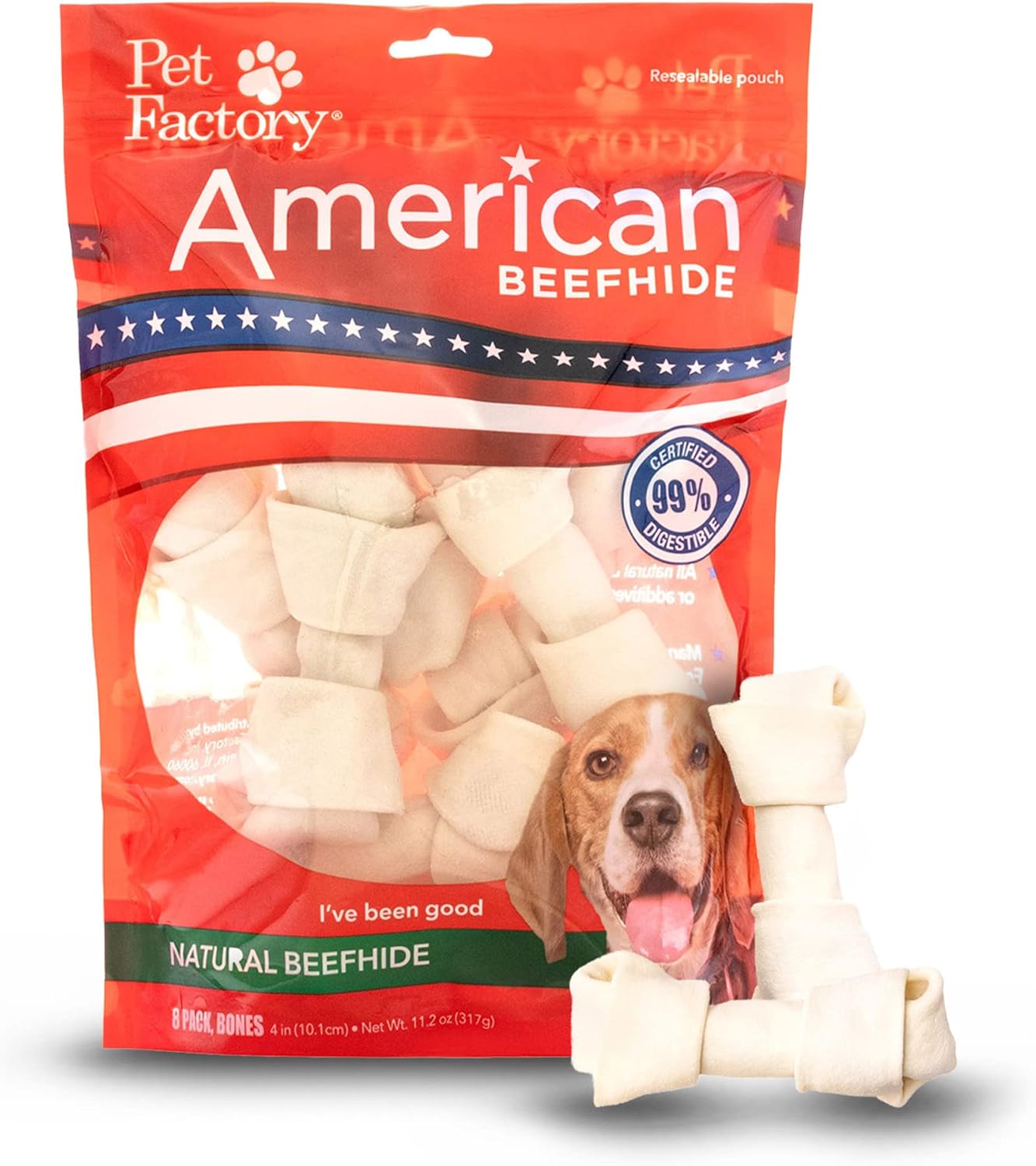 Pet Factory American Beefhide 4-5" Knotted Bones Dog Chew Treats - Natural Flavor, 8 Count/1 Pack