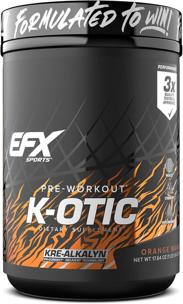 Efx Sports K-Otic Pre Workout | With Kre-Alkalyn Creatine & Hydromax Glycerol | 300Mg Caffeine + Full-Spectrum Amplifiers | 20 Servings (Orange Mango)