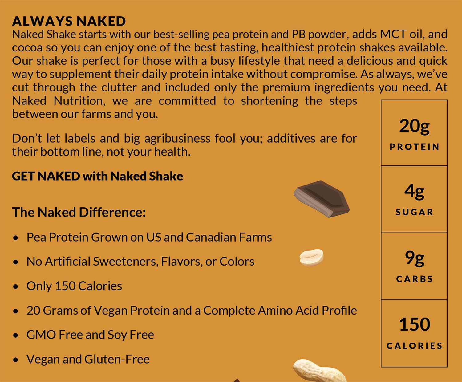 Naked Shake - Chocolate Peanut Butter Protein Powder - Vegan Protein Powder from US & Canadian Farms with MCT Oil, Gluten-Free, Soy-Free, No GMOs or Artificial Sweeteners - 30 Servings : Health & Household