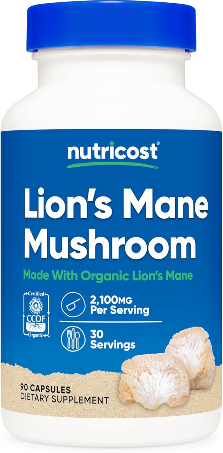 Nutricost Lion'S Mane Mushroom Capsules 1650Mg, 30 Servings - Ccof Certified Made With Organic, Vegetarian, Gluten Free, 550Mg Per Capsule, 90 Capsules