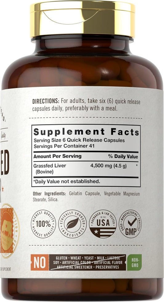 Carlyle Grass Fed Beef Liver Capsules 4500Mg | 250 Count | Desiccated Supplement | Non-Gmo, Gluten Free | By Herbage Farmstead