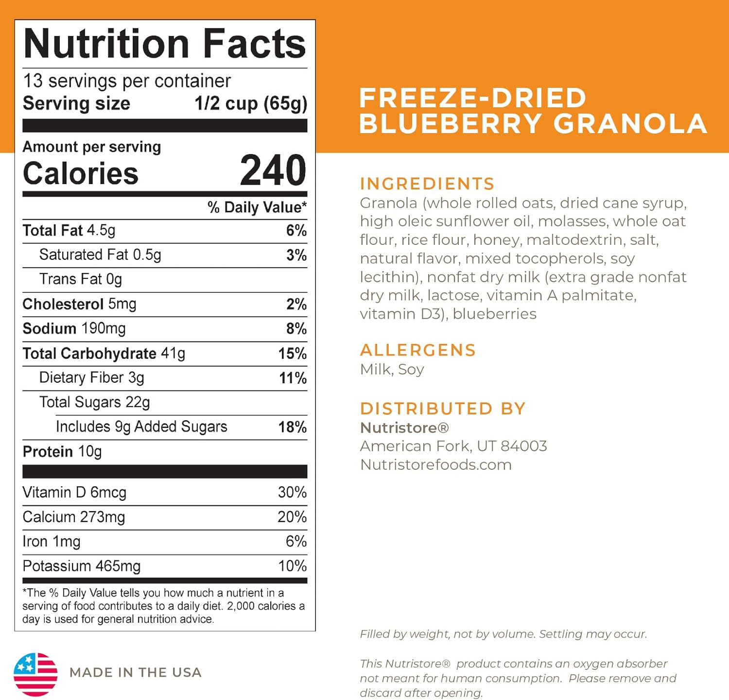 Nutristore Freeze-Dried Blueberry Granola | Emergency Survival Bulk Food Storage Meal | Perfect for Everyday Quick Meals and Long-Term Storage | 25 Year Shelf Life | USDA Inspected (1-Pack) : Sports & Outdoors