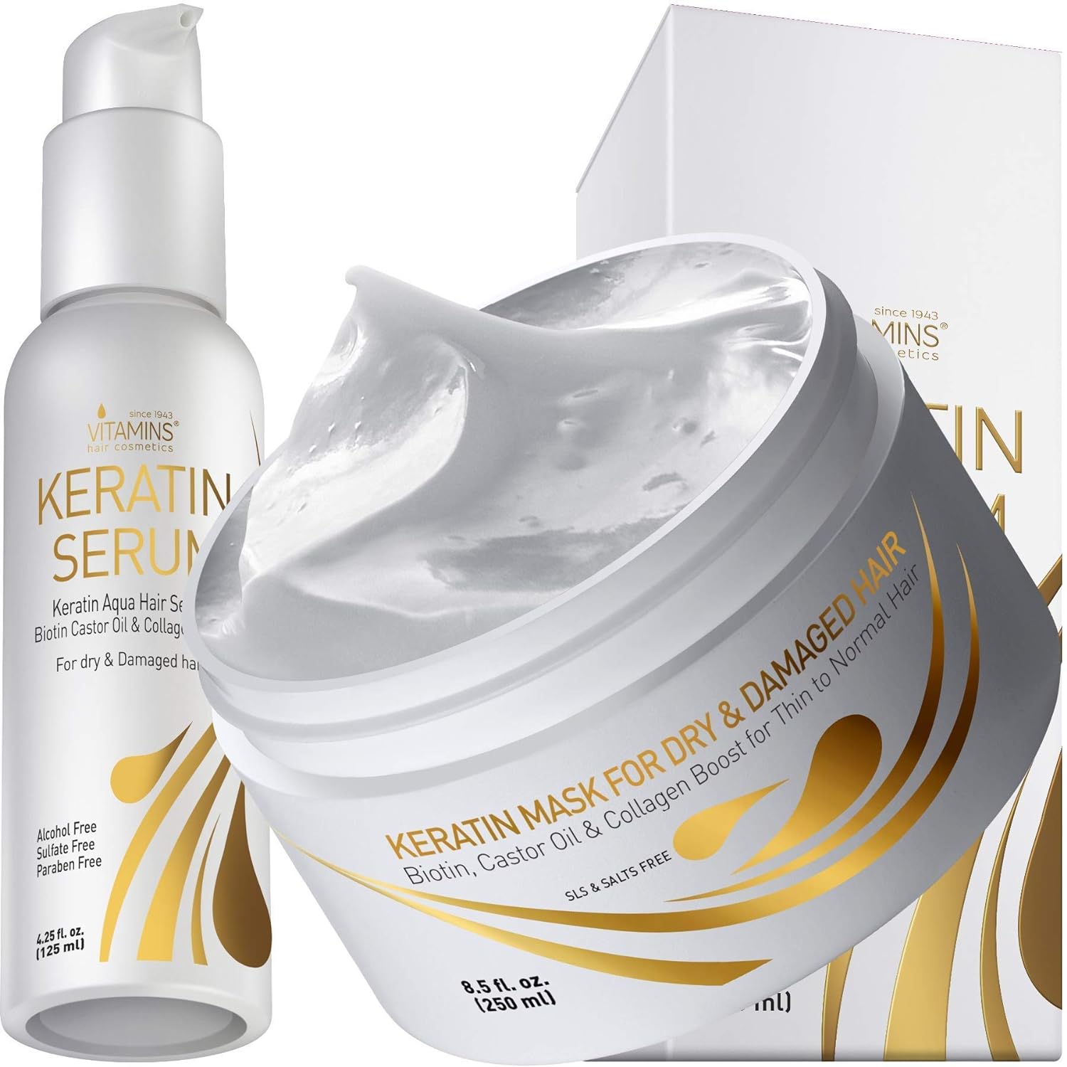 Vitamins Keratin Hair Mask and Serum Kit - Weightless Anti Frizz Serum & Deep Conditioner Hair Mask Set for Thin Fine Hair - Ultra Repair for Dry Damaged Color Treated Hair