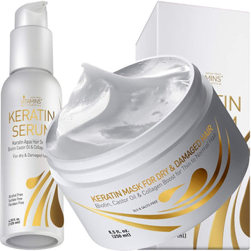 Vitamins Keratin Hair Mask and Serum Kit - Weightless Anti Frizz Serum & Deep Conditioner Hair Mask Set for Thin Fine Hair - Ultra Repair for Dry Damaged Color Treated Hair