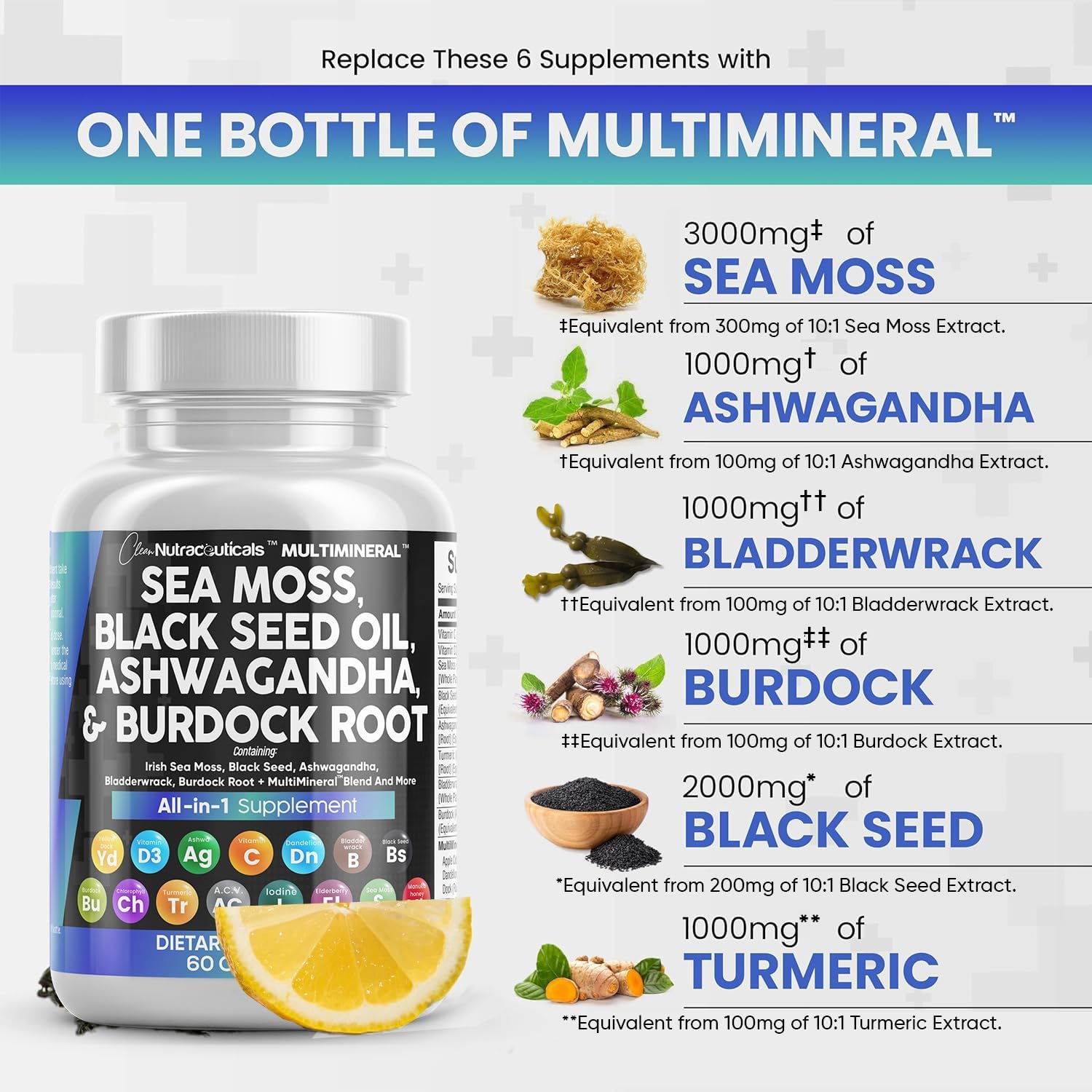 Sea Moss 3000mg Black Seed Oil 2000mg Ashwagandha 1000mg Turmeric 1000mg Bladderwrack 1000mg Burdock 1000mg & Vitamin C & D3 with Elderberry Manuka Dandelion Yellow Dock Iodine Chlorophyll ACV : Health & Household