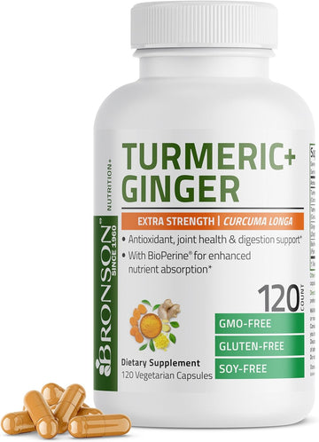 Bronson Turmeric + Ginger Extra Strength Joint Health & Digestion Support With Bioperine, Non-Gmo, 120 Vegetarian Capsules