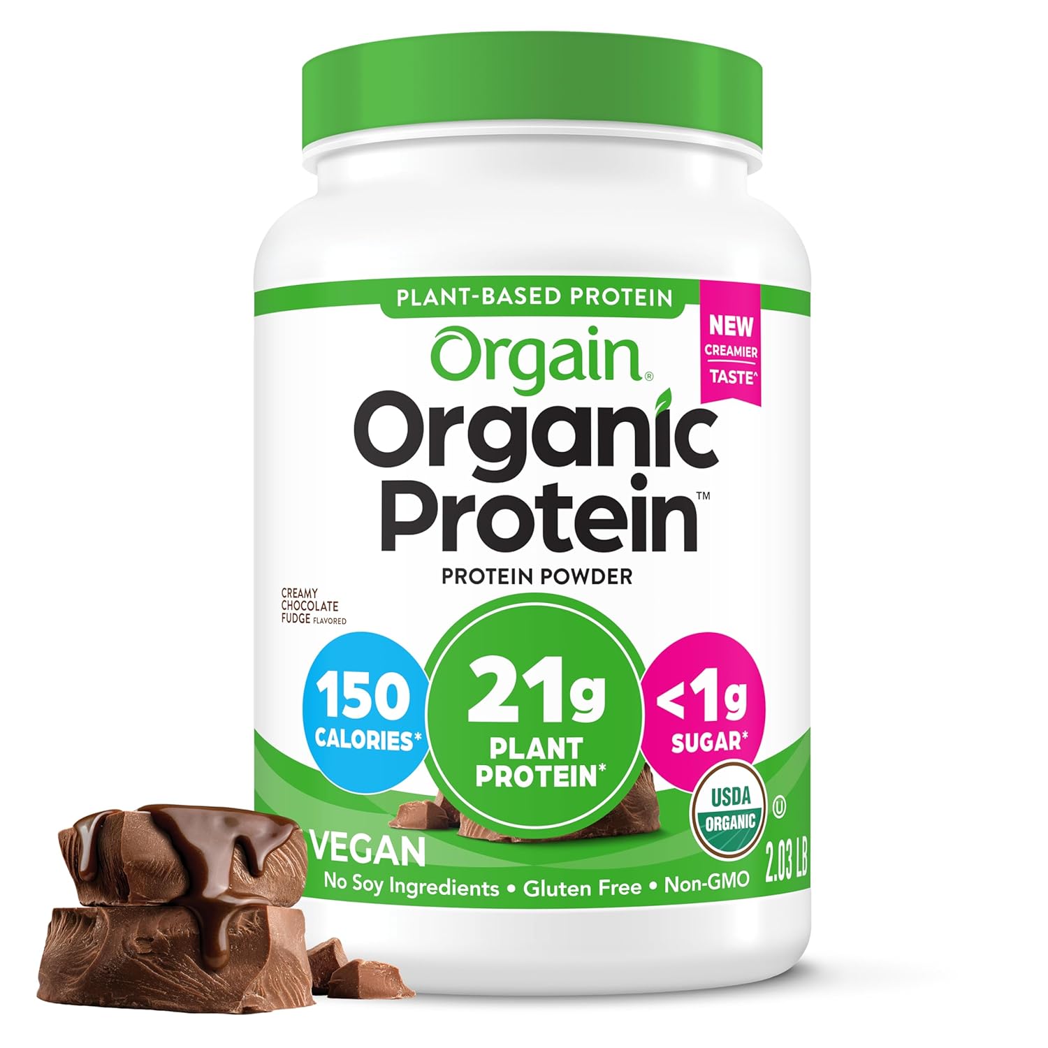 Orgain Organic Vegan Protein Powder, Creamy Chocolate Fudge - 21G Plant Protein, 7G Prebiotic Fiber, Low Net Carb, No Lactose Ingredients, No Added Sugar, Non-Gmo, For Shakes & Smoothies, 2.03 Lb