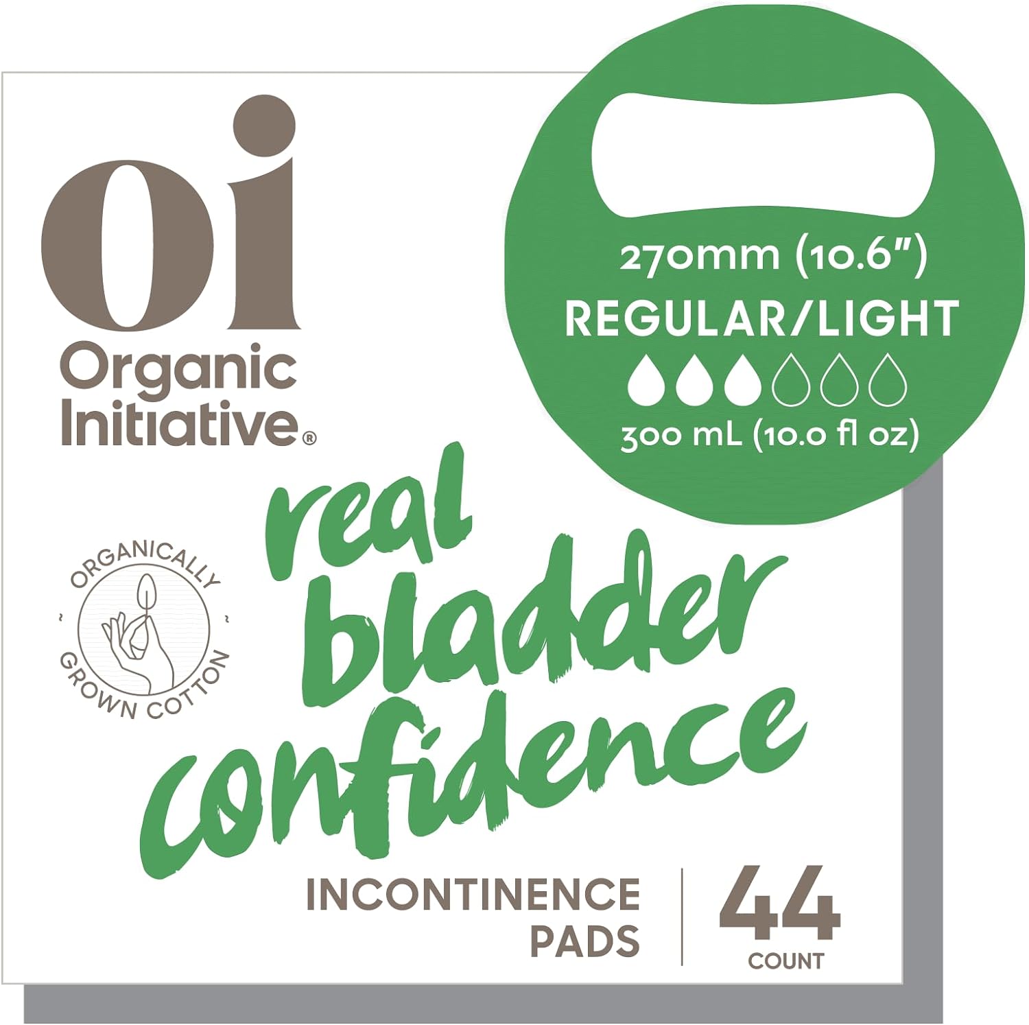 Oi | Organic Initiative Incontinence Pads for Women, Certified Organic Cotton Topsheet, Odor Control, Breathable and Hypoallergenic, Bladder Leak Control, Postpartum Essential. Light (270mm) 44 Pads