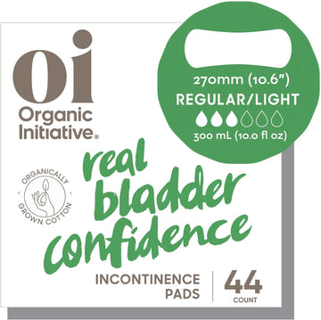 Oi | Organic Initiative Incontinence Pads for Women, Certified Organic Cotton Topsheet, Odor Control, Breathable and Hypoallergenic, Bladder Leak Control, Postpartum Essential. Light (270mm) 44 Pads