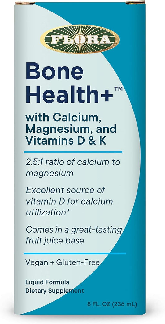 Flora - Bone Health+ With Calcium, Magnesium And Vitamins D & K, 2.5:1 Ratio Of Calcium To Magnesium, Vegan, Gluten-Free Fruit Juice Base, 8-Fl. Oz. Glass Bottle