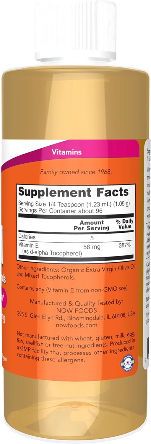 NOW Supplements, Natural Vitamin E-Oil (D-Alpha Tocopherol) plus Mixed Tocopherols, Antioxidant Protection*, 4-Ounce