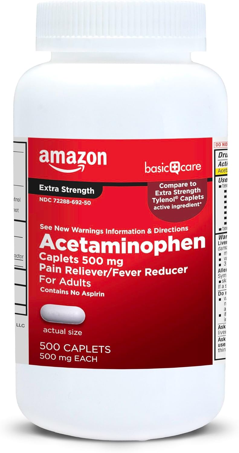 Amazon Basic Care Extra Strength Pain Relief, Acetaminophen Caplets, 500 Mg, Pain Reliever/Fever Reducer, 500 Count (Packaging May Vary)