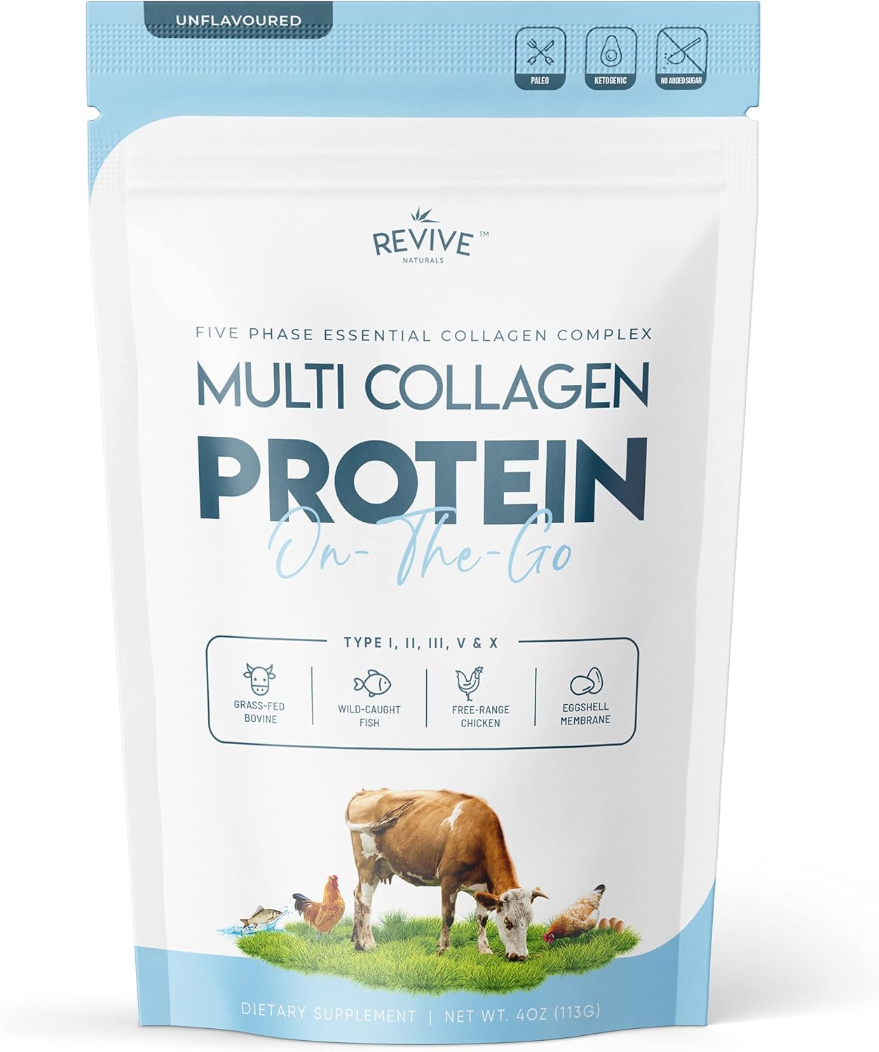 Multi Collagen Protein Powder (100G) - Types I, Ii, Iii, V & X - Hydrolyzed Grass Fed Bovine, Wild Caught Fish, & Free-Range Chicken & Eggshell Collagen (5 Day Supply)