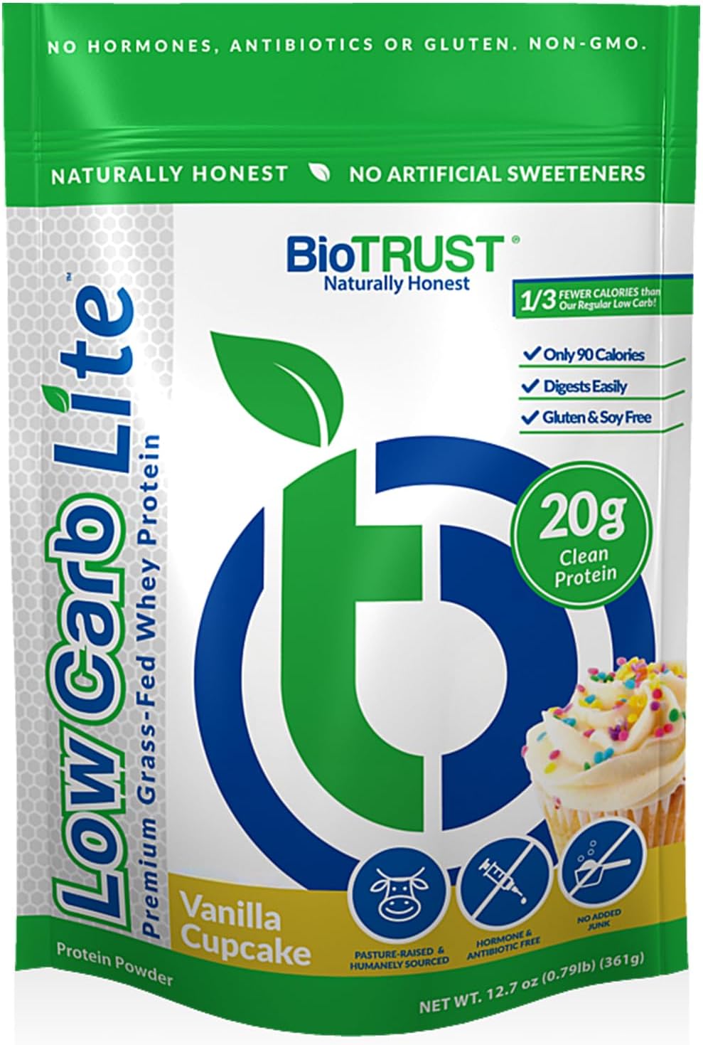 Biotrust Low Carb Lite, 20 Grams Of Grass-Fed Whey Protein Isolate, 100 Calories, Prohydrolase Digestive Enzymes, Non-Gmo, Free From Soy And Gluten, Rbgh-Free (14 Servings) (Vanilla Cupcake)