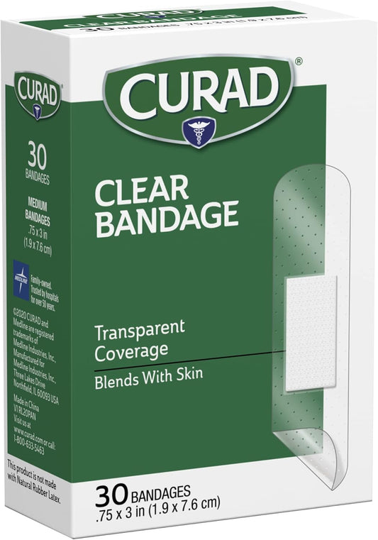 Curad Clear Plastic Self-Adhesive Bandages, 3/4" X 3", Essential First Aid Supplies, 30 Per Box, Pack Of 6