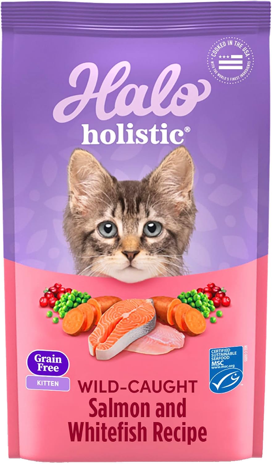 Halo Holistic Kitten Food Dry , Grain Free Wild - Caught Salmon And Whitefish Recipe, Complete Digestive Health , Dry Cat Food Bag , Kitten Formula, 3-Lb Bag